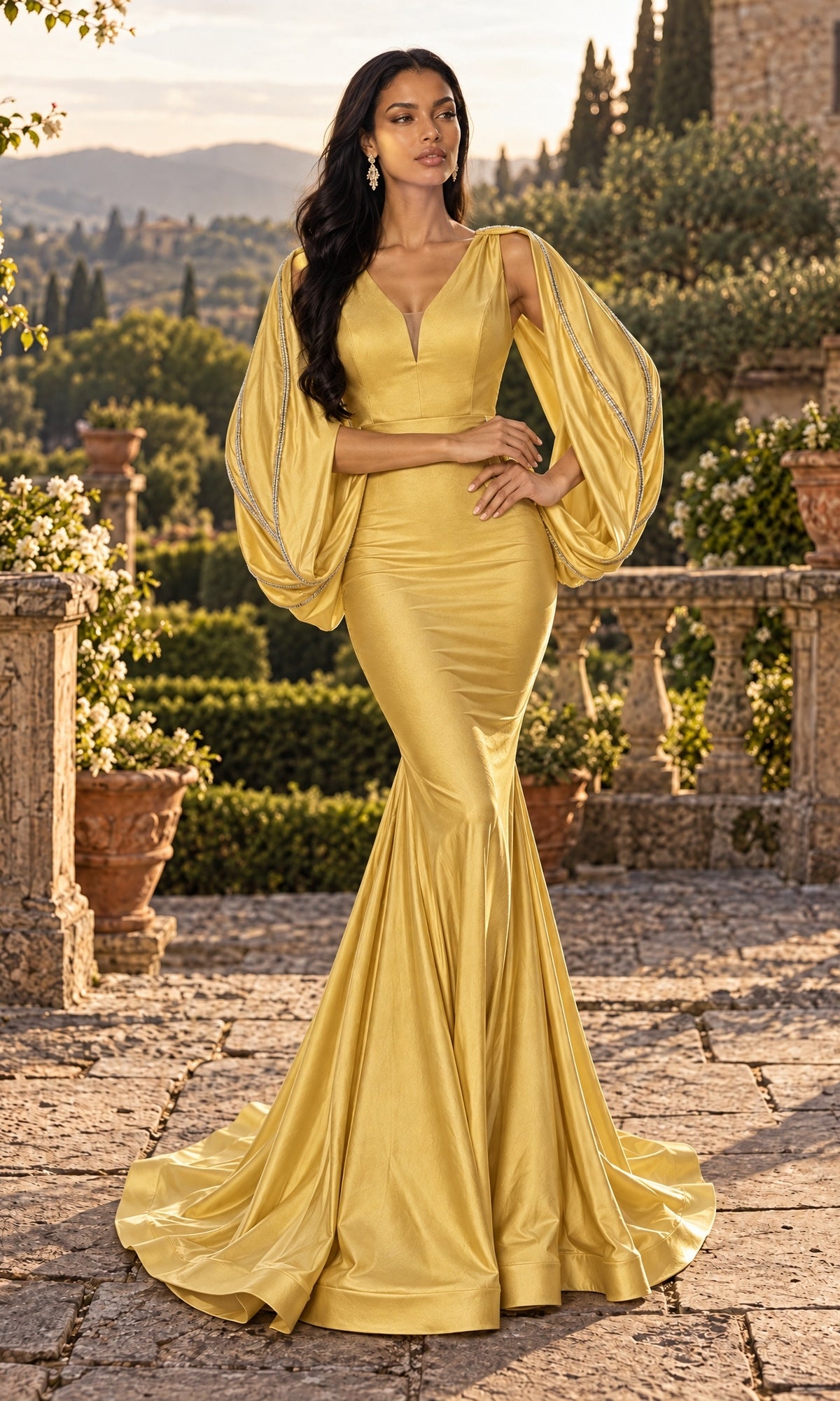 A woman stands outdoors on a stone terrace with greenery and mountains in the background, wearing the Jessica Angel JA902 long prom dress in gold, featuring a fitted mermaid silhouette and dramatic draped sleeves.